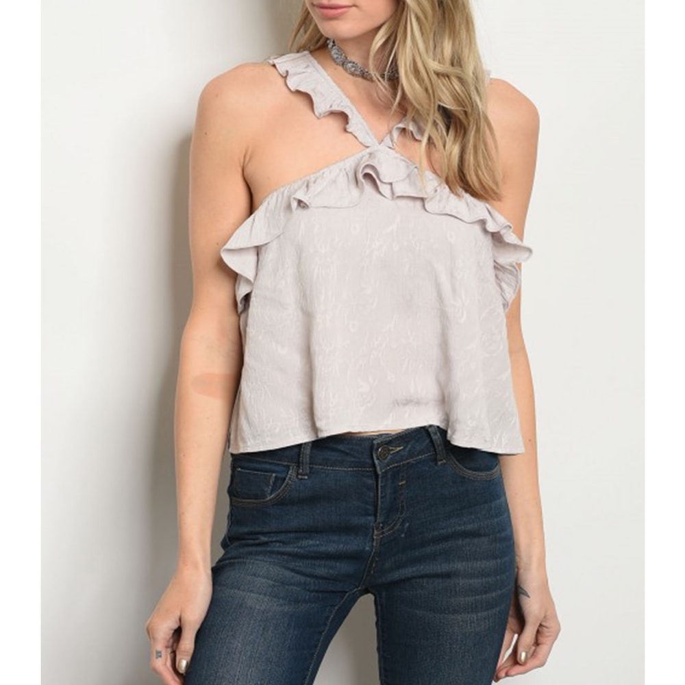 Soft Grey Halter Neck Ruffle Floral Detail Top
